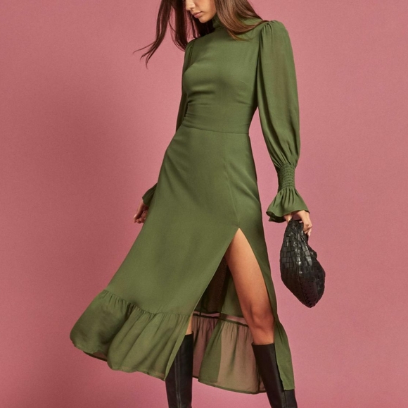 Reformation Dresses & Skirts - Reformation Galena Midi Dress in Moss Size 12 shirred neck
